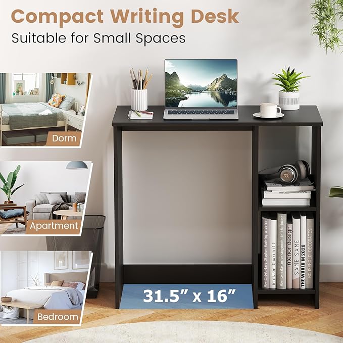 Giantex Small Desk with Storage 31.5 Inch Home Office Computer Desk with Shelves Space Saving Study Writing Desk Modern Simple Laptop Desk for Small Spaces (Black)