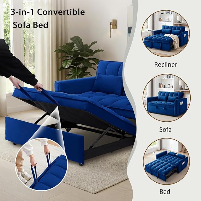 3 in 1 Folding Convertible Sofa Bed 55'' Pull Out Couch Bed with Side Pocket Velvet Fabric Loveseat Sleeper Sofa with Adjustable Backrest Easy AssemblyPerfect for Living Room Blue
