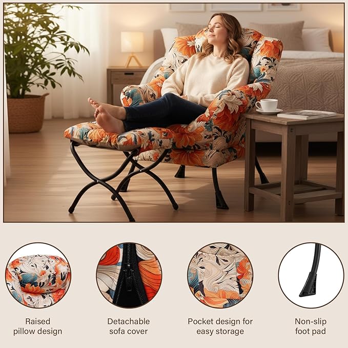Welnow Lazy Chair with Ottoman Modern Accent Chair with Armrests and a Side Pocket Leisure Sofa Armchair Set Reading Armchair with Footrest for Small Space Orange Blue