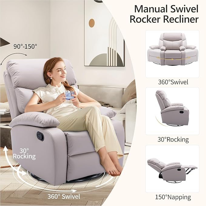 Swivel Rocker Recliner Chair Rocking Chairs with Microfiber Leather Small Manual Recliner Chair for Living Room Nursery Bedroom RV Beige