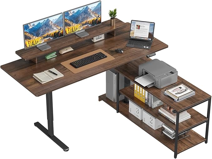Standing Desk with File Cabinet 63x24'' L Shaped Electric Stand Up Desk with Adjustable Monitor Shelf Adjustable Height 28-46'' for Home and Computer Workstation Walnut