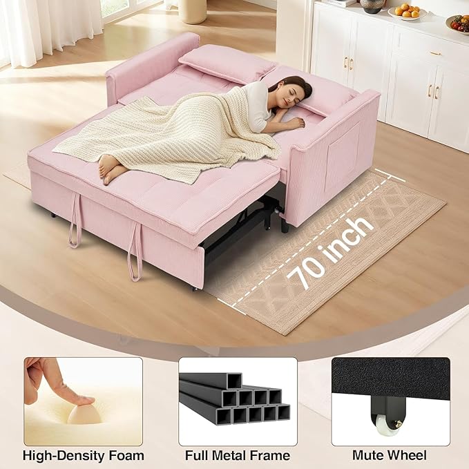 3 In 1 Corduroy Convertible Sofa BedPull Out Couch Bed with Reclining Backrest And 2 Pillows 54 Full Size Loveseat Sleeper Sofa Futon Couch Bed Couches For Small Spaces Living Room (Pink ①)