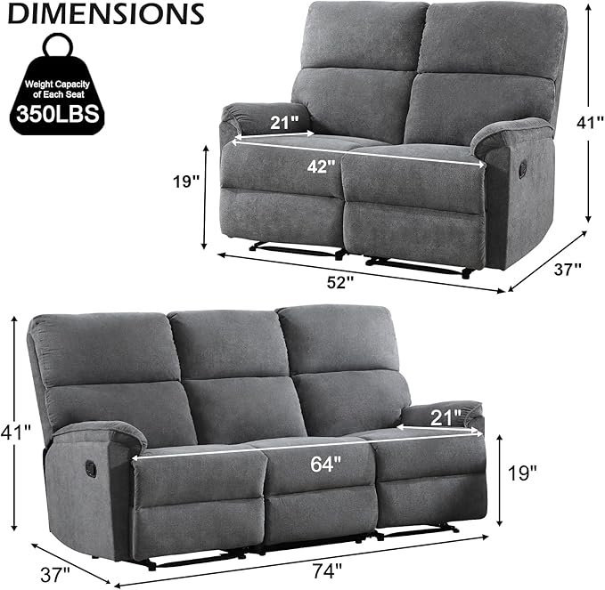 EBELLO Fabric Manual Reclining Sofa Set Recliner Loveseat and 3 Seat Sofa Couch with Sturdy Robust Metal Base 5 Seats for Small Living Room Bedroom and Meeting Room Grey