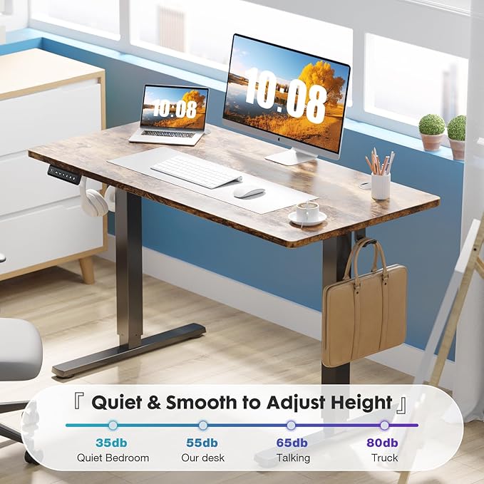 Sweetcrispy Electric Standing Desk Adjustable Height 48x24 Inch Sit Stand Up Home Office Desks Computer Workstation PC Work Table with 3 Memory Preset Splice Wood Board Metal Frame Rustic