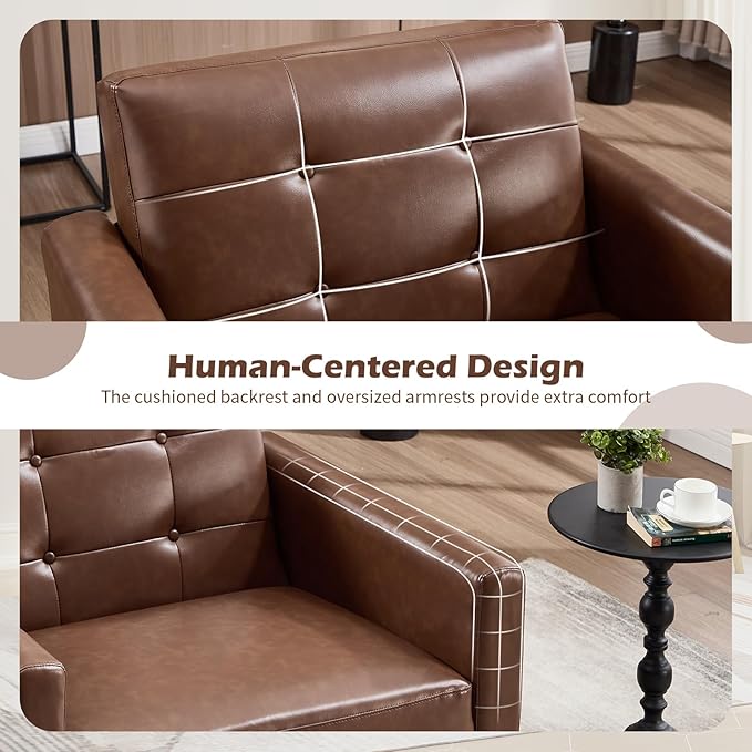 CANMOV 29 W Oversized Leather Accent Chair Set of 2 Mid Century Modern Accent Chairs Armchair Button Back for Living Room Modern Upholstered Bedroom Chair Cozy Armchair with Wood Legs Brown