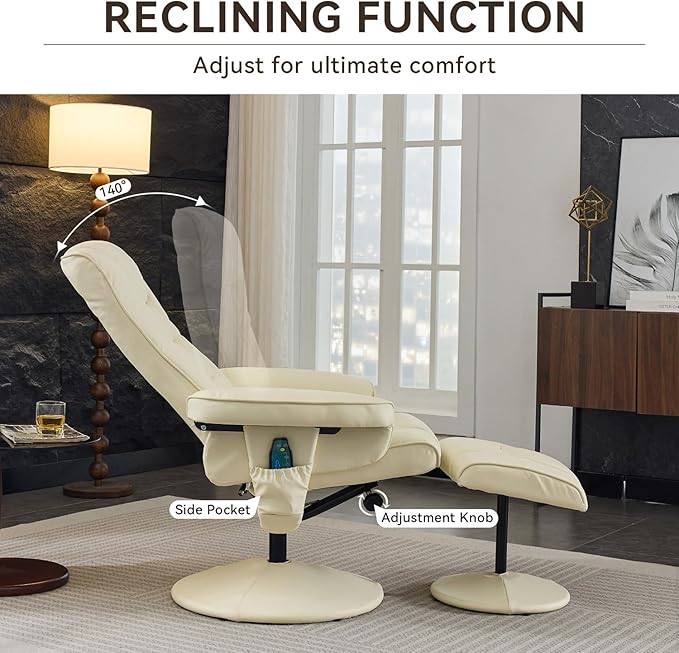 Ergonomic Recliner Chair with Ottoman for Adults 360° Swivel Massage Lounge Chair with 5-Point Vibration &amp Heated Seat140° Adjustable PU Leather Recliner for Living Room Office (Beige+PU)