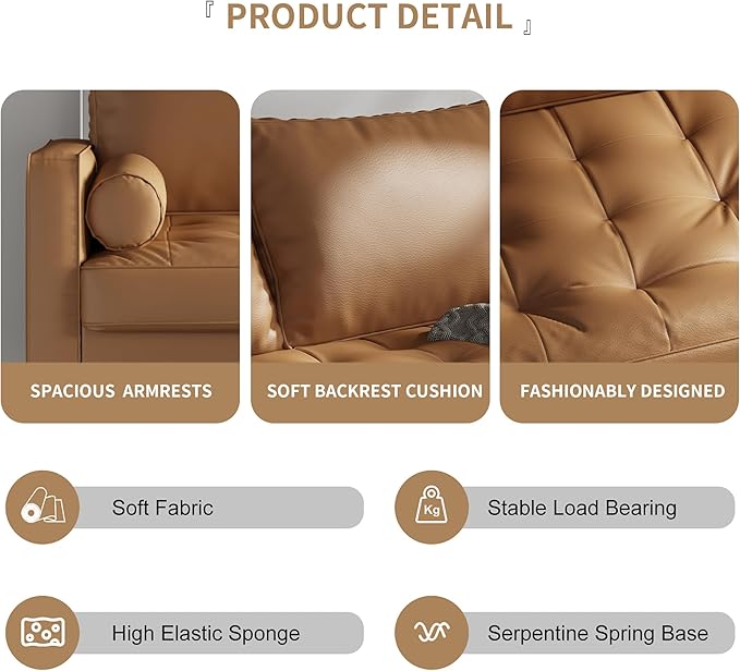 58 Loveseat SofaFaux Leather Couch with Thick Cushion and Wooden LegsLove Seat Sofa Couches for Living Room Bedroom Office Home Apartment Brown
