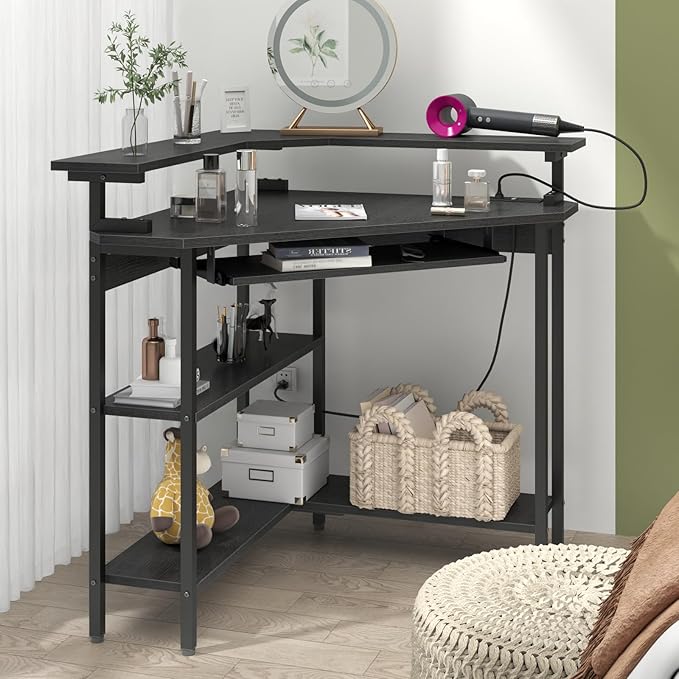 Auromie Corner Desk with Charging Station &amp LED Light Triangle Corner Desk with Monitor Stand &amp Keyboard Tray for Small Space Gaming Computer Desk with Storage Shelves for Home Office (Black