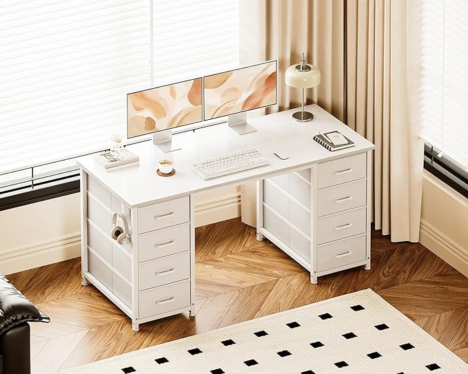 Casaottima 48 Inches Computer Desk with 8 Fabric Drawers Modern Office Desk with Large Storage for Home Office Study White