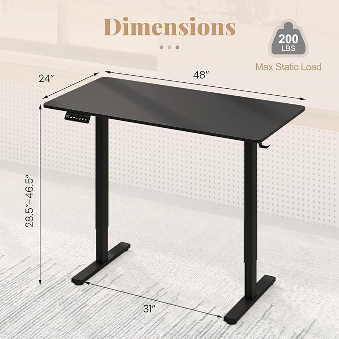 Tangkula 48” x 24” Electric Standing Desk Ergonomic Height Adjustable Sit to Stand Desk with 3 Memory Settings Anti-Collision Protection &amp Hook Computer Workstation for Home Office (Black)