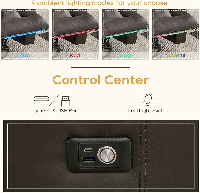 IPKIG Rocking Recliner Chair Upholstered Manual Recliner Chair 360° Swivel Glider Rocker Chair with LED Light USB Port Side Pocket Cup Holders Lumbar Pillow for Living Room Home Theater (Brown)