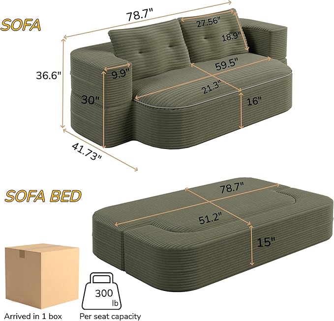 78.7 Convertible Foldable Sofa Bed with Functional Blanket and 2 Soft Pillows 2-in-1 Corduroy Fabric Loveseat Sofa Couch with Deep Seat Curved Sleeper Couch Bed for Living Room (Green)