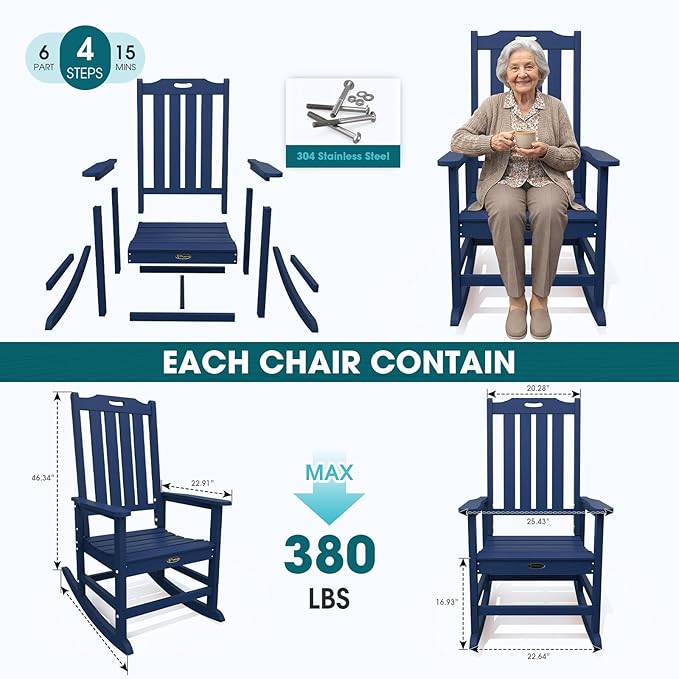 Oversized Rocking Chair Outdoor Rocking Chair for Adults All Weather Resistant Porch Rocker for Lawn Garden Navy Blue