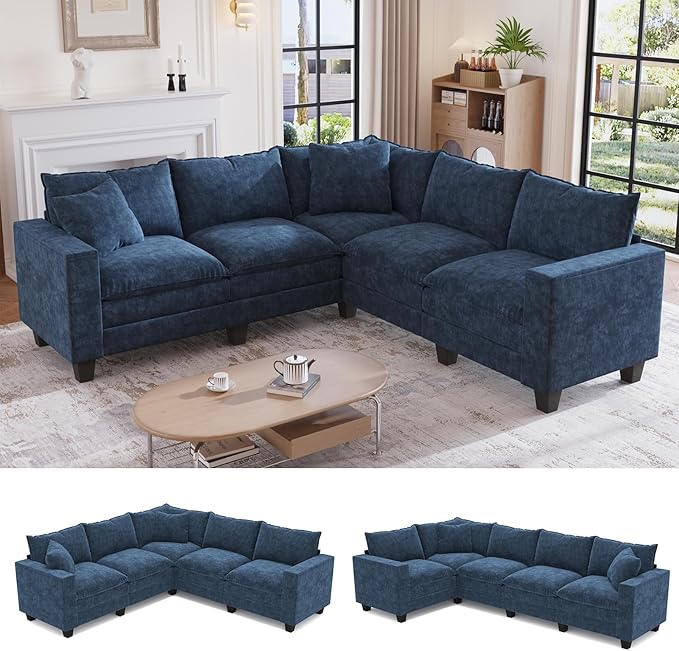 97 L Shaped Sectional Couch Comfy Chenille Cloud Couch 5 Seat Modular Cloud Sofa with 2 Pillows &amp Storage Armrests Convertible V Shaped Corner Couch Sectional Couches for Living Room Blue