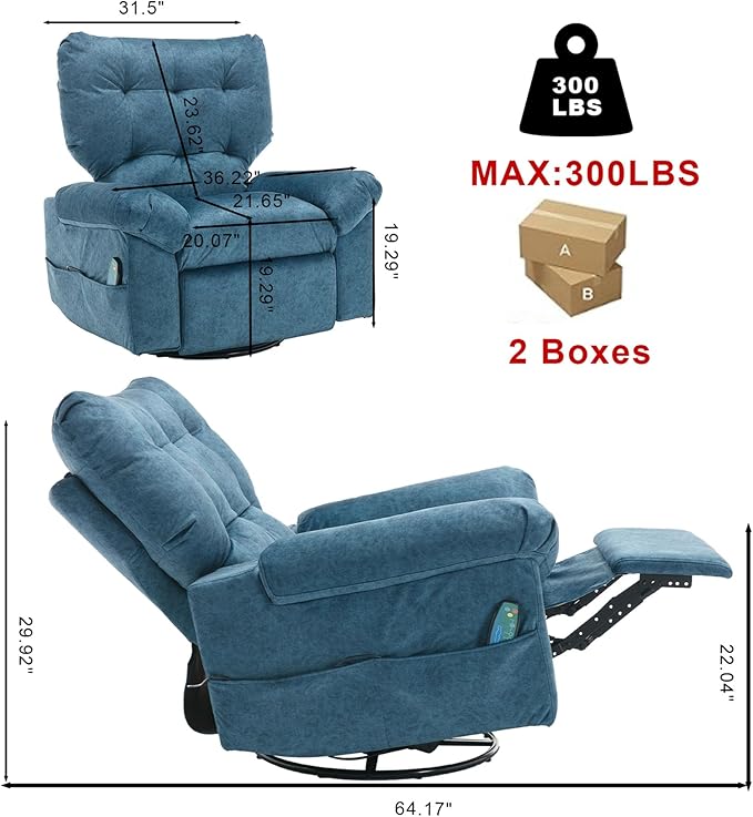 Rocker Recliner Chair for Adults Soft Lazy Boy Recliner Chair with Heat&amp Adjustable Backrest Footrest Oversized Massage Recliner Chair with Swivel and Side Pocket for Living Room Bedroom (Blue)