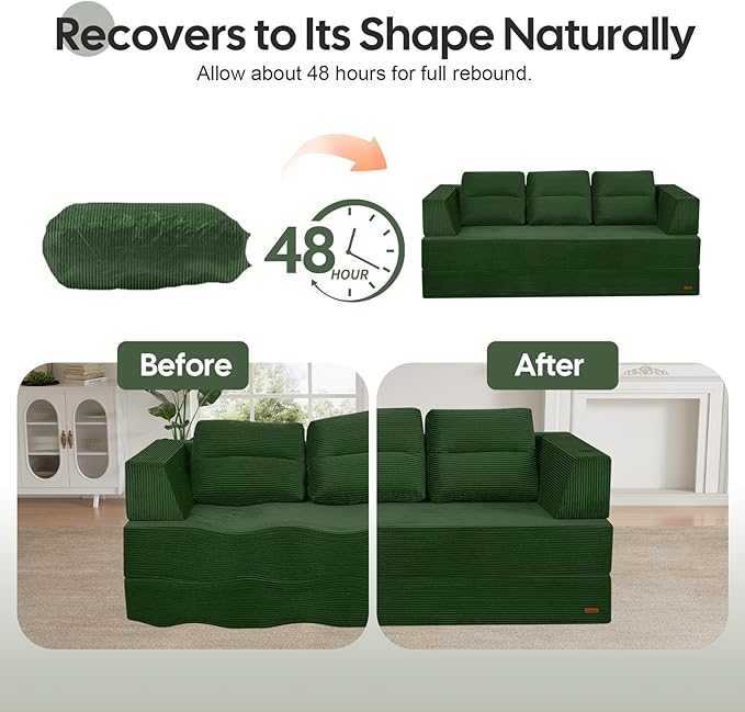 COMAX Futon Sofa Bed Queen 79 Convertible Sofa Bed Couches for Living Room 4 in 1 Folding Boneless Sleeper Corduroy Couch Loveseat Foam In a Box Comfy Foldable Lounge Fold Out Floor Mattress Green