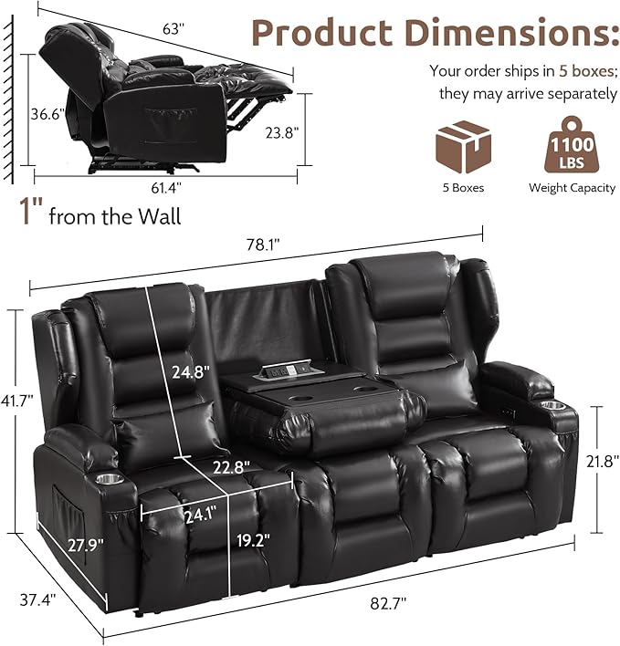 SAMERY Loveseat Recliner Sofa Power Reclining Loveseat Sofa Wall Hugger Recliners RV Couch with Flip-Backrest Solid Wood Top Ambient LED Lights USB-C Outlets Faux Leather Black | Extra Wide Se