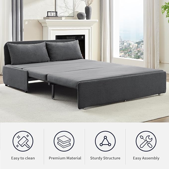 2 in 1 Pull Out Sofa Bed Queen Size Small Convertible Sleeper Sofa Couch Linen Folding Guest Bed with Wheels and Cushions Pillow Futon Sofas Couch Beds for Bedroom Office Lounge - Dark Grey