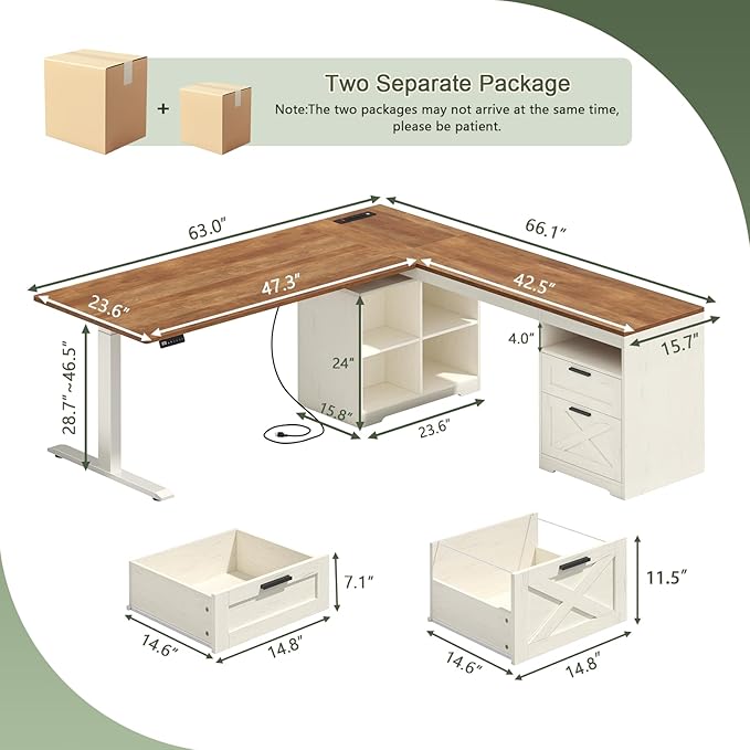Farmhouse L Shaped Standing Desk 66 inch Corner Electric Standing Desk with Drawers ＆ Storage Shelves Height Adjustable Computer Desk with Power Outlets for Home Office Antique White
