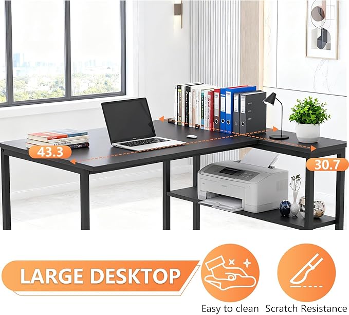FDW L-Shaped Gaming Desk 43 Inch Computer Desk Corner Desks with Reversible Side Storage Shelves Study Desk Metal Frame PC Work Table for Home Office Dorm Sturdy Writing WorkstationBlack
