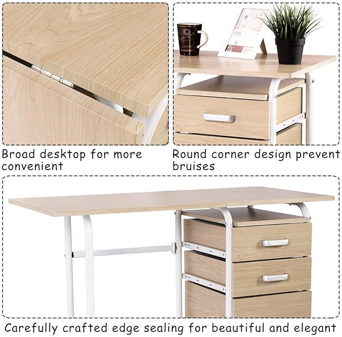 Tangkula Folding Computer Desk with 3 Drawers Mobile Home Office Desk Portable Laptop Desk Writing Table Space Saving Compact Desk for Small Spaces Dorm Apartment