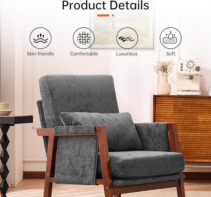 Accent Chair Mid-Century Modern Chair with Lumbar Support Pillow Upholstered Living Room Chairs with Wooden Chenille Armchair with Cushion Comfy Side Chair for Bedroom Balcony Dark Grey