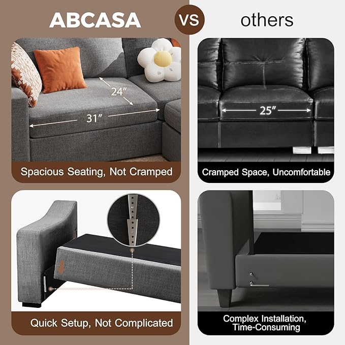 ABCASA 85 Oversized 3-Seater Couches for Living RoomModern Linen Sofa with Removable Cover Wide Armrest Solid Wood Frame Loveseat Sofa for Bedroom Office Apartment Easy to Assemble Grey | Breat