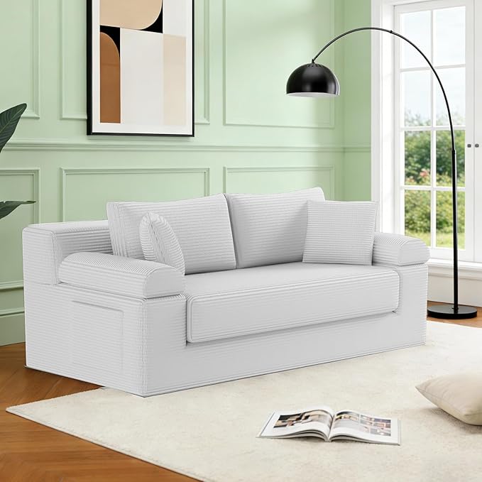 Folding Convertible Sofa Bed 78 Inch Corduroy Boneless Cloud Couch Futon Compressed Pull Out Loveseat Sleeper Bed Foldable Floor Mattress Sofa for Living Room Bedroom Grey White