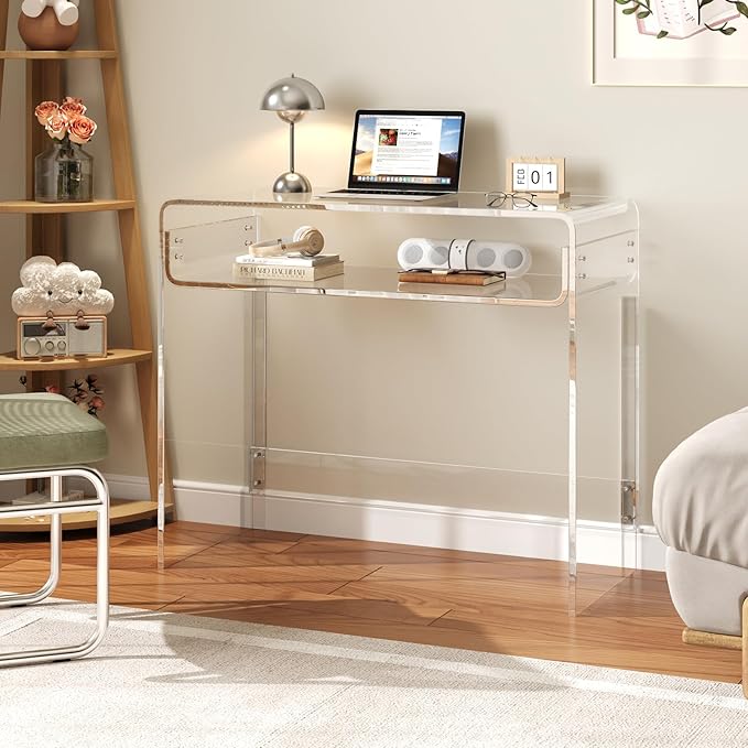 Acrylic Office Desk Modern Laptop Writing Study Table with Open Storage Transparent Console Entryway Table 33.5 L x 15.8 W x 29.5 H for Home Bedroom (Clear)