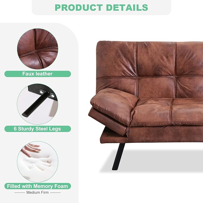 MUUEGM Futon Couch with 71 Adjustable High Density Memory Foam Futon Sofa Bed Modern Design Sofa Bed for Living Room Sleeping and Relaxing(Leather Brown)