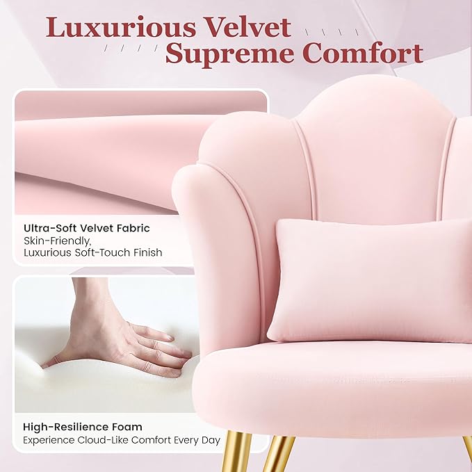 Petal Makeup Vanity Chair with Back Flower Chair Comfy No Wheels for Girls Women Makeup Chair with Golden Metal Legs &amp Lumbar Pillow for Living Room/Makeup Room/Bedroom/Home Office - Pink