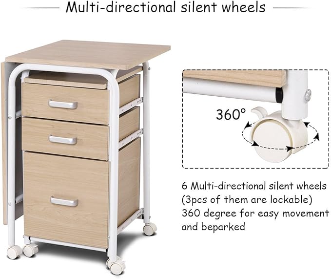 Tangkula Folding Computer Desk with 3 Drawers Mobile Home Office Desk Portable Laptop Desk Writing Table Space Saving Compact Desk for Small Spaces Dorm Apartment
