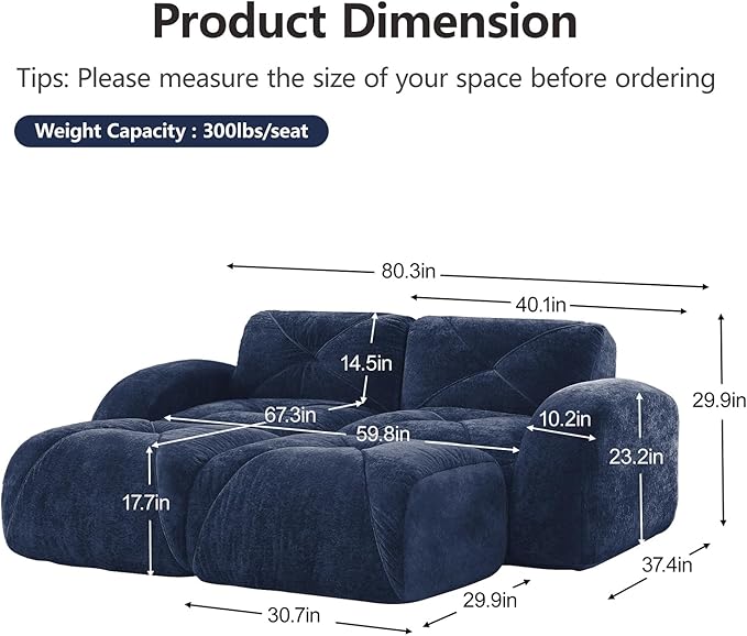 80.3'' Modular Loveseat Sectional Couches for Living Room Modern Velvet Cozy Boneless Sofa with 2 Ottoman No Assembly Required Comfy Couch Blue Cloud Boneless Couch in a Box Sofas para Sala