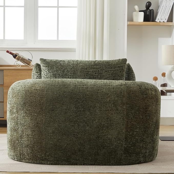 Oversized Chaise Longue Chair Indoor Modern Upholstered Chenille Deep Seat Sofa Bed with Throw Pillows and Armrests Sleeper Sofa Couch for Living Room Bedroom Apartment (Olive Green)