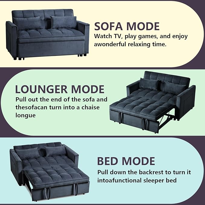 3 in 1 Pull Out Couch Bed Convertible Futon Sofa Bed Velvet Sleeper Loveseat for Small Living Room Adjustable Backrest Comfy Pillows Side Pocket (Black)