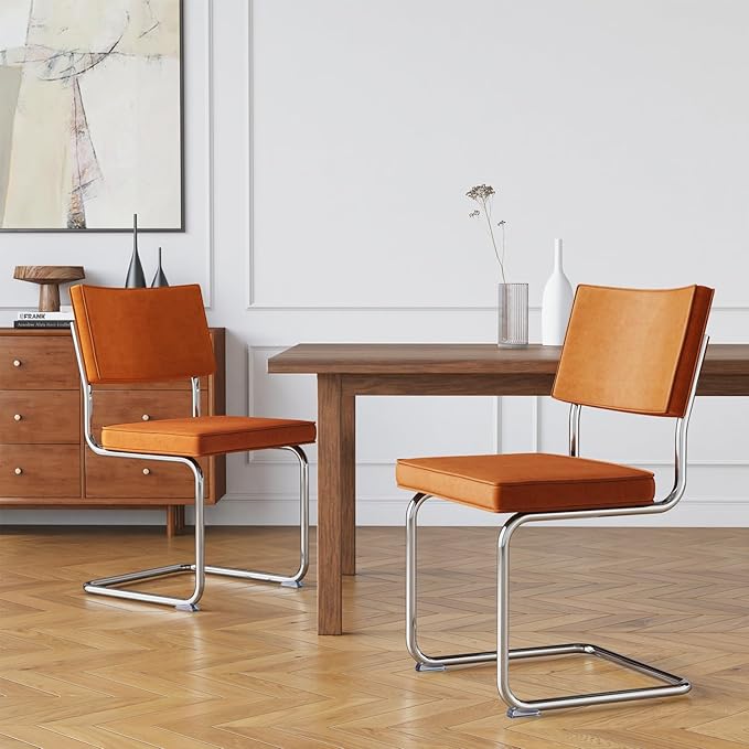 Orange Velvet Dining ChairsMid Century Morden Dining Chairs Minimalistic Style Kitchen &amp Dining Room Chairs Upholstered Comfort Chairs with Chrome Metal Legs Set of 2