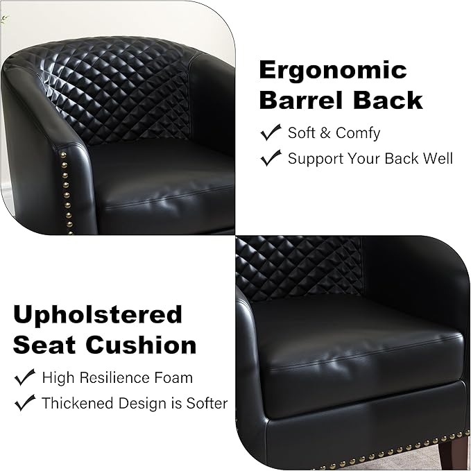 Accent Barrel Chair Upholstered Faux Leather Club Chair with Nailed Trim Comfy Reading Armchair for Living Room Bedroom Reception Room Office (Black Set of 1)