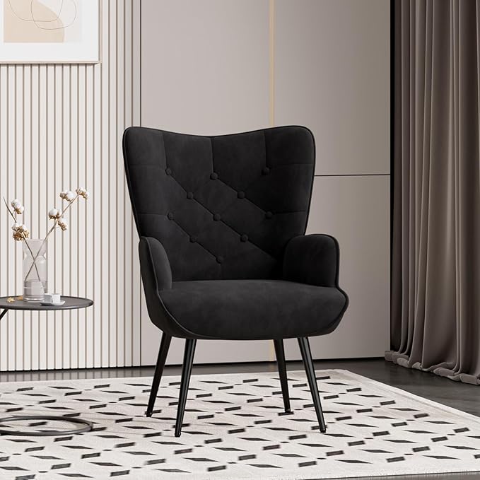 Nalupatio Mid Century Modern Accent Chair Velvet Upholstered Armchair with Metal Legs Tufted Button Wingback Side Chair High Back Reading Chair for Living Room Bedroom Black