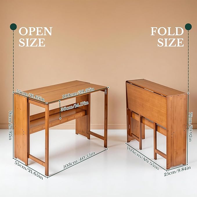 41'' Bamboo Folding Desk with Bookshelf Space-Saving Computer Desk Mid Century Modern Foldable Study Table for Home Office Bedroom Small Spaces - Brown