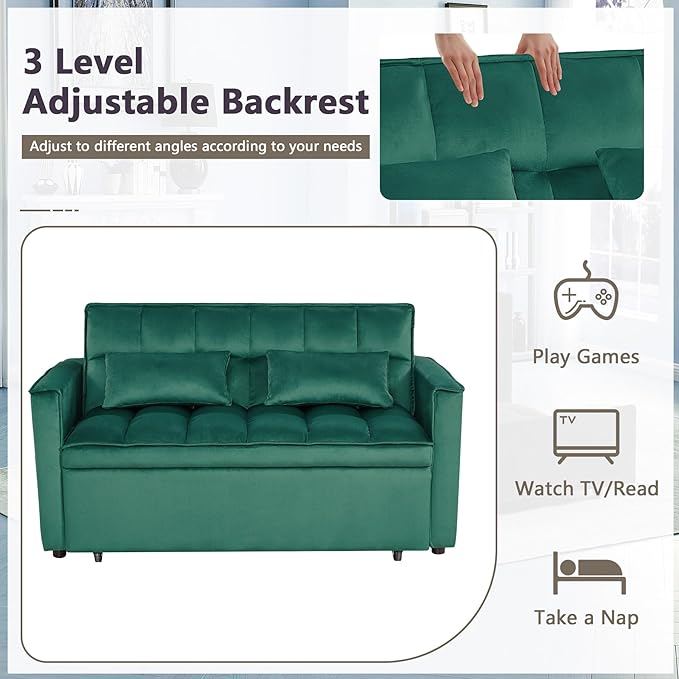 3 in 1 Pull Out Couch Bed Convertible Futon Sofa Bed Velvet Sleeper Loveseat for Small Living Room Adjustable Backrest Comfy Pillows Side Pocket (Green)