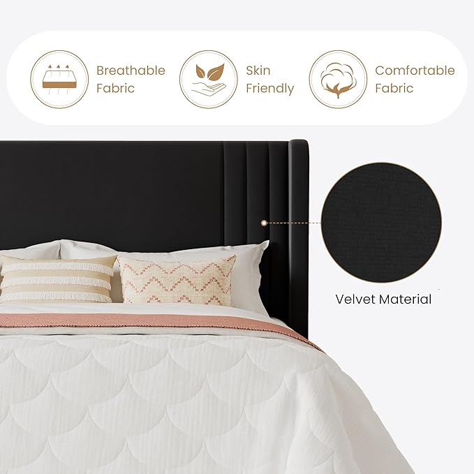 SHA CERLIN Full Size Velvet Upholstered Platform Bed Frame with Vertical Channel Tufted Wingback Headboard Wooden Slats Support Easy Assembly Under Bed Storage No Box Spring Required Black