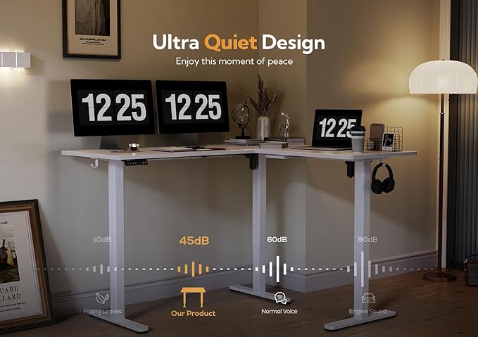 Claiks L Shaped Standing Desk Adjustable Height Dual Motor Electric Corner Standing Desk 63x55 inch Sit Stand up Desk with Splice Board White