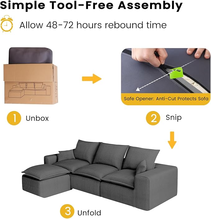 107 Cloud Modular Sectional Sofa for Living Room with Ottoman &amp L-Shaped Chaise No Assembly Required Deep Seat Couch in a Box.