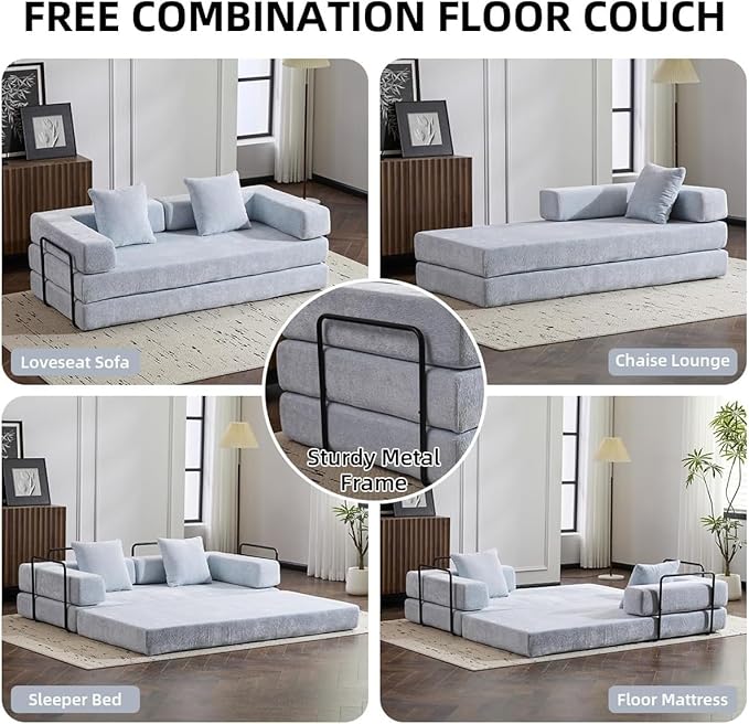Convertible Sleeper Sofa Bed with Fixed-Shape Frame Floor Sofa Lounge Couch with Cylindrical Pillow Chenille Folding Mattress Couch for Living Room Bedroom-Light Blue