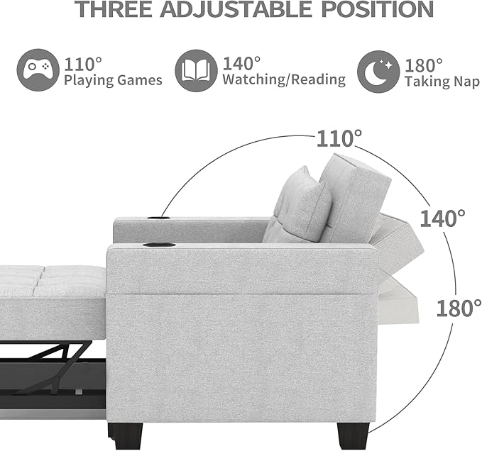 DURASPACE 36.6 Futon Chair Bed Convertible Chair 3-in-1 Pull Out Sleeper Reading Chair Beds with USB Armchair Sleeper Bed for Living Room Dorm Small Space (Light Gray Linen)