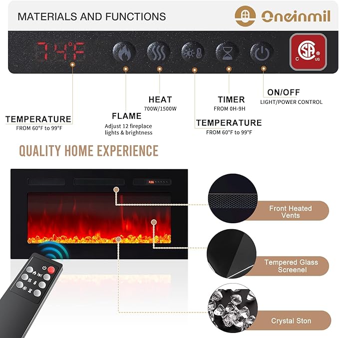 oneinmil 80” TV Stand with 36” Electric Fireplace Large Modern Media Entertainment Center with Storage Cabinet and 12 Colors LED Lights for TVs Up to 90 Black+Black