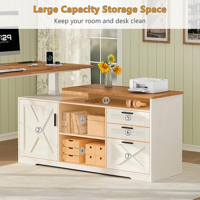 Farmhouse L Shaped Electric Standing Desk with File Cabinet 55 inch Height Adjustable Computer Desk with Drawers ＆ Storage Shelves Corner Standing Desk with Power Outlets Brown and White