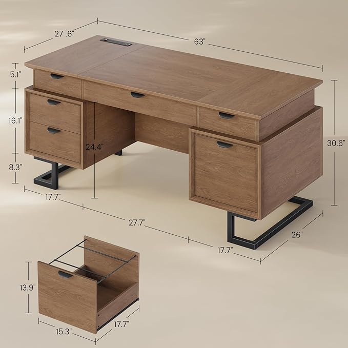 63 Executive Desk with Charging Station Large Home Office Desks with 6 Drawers and 2 Storage Cabinets File Drawer Keyboard Tray Privacy Panel Desk Grommet U-Shaped Metal Legs for Work and Study