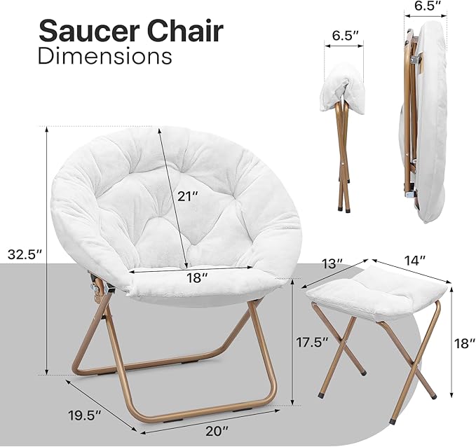 Comfy Saucer Chair Set of 2 with Footrest Metal Frame Cozy Lounge Lazy Chair Folding Faux Fur Round Saucer Chair for Adults Foldable Papasan Moon Chair for Living Room Dorm Bedroom