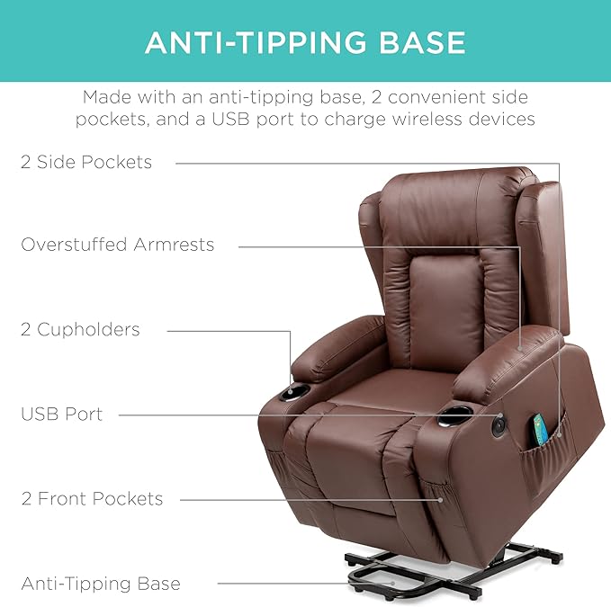 Best Choice Products PU Leather Electric Power Lift Chair Recliner Massage Chair Adjustable Furniture for Back Legs w/ 3 Positions USB Port Heat Cupholders Easy-to-Reach Side Button - Brown